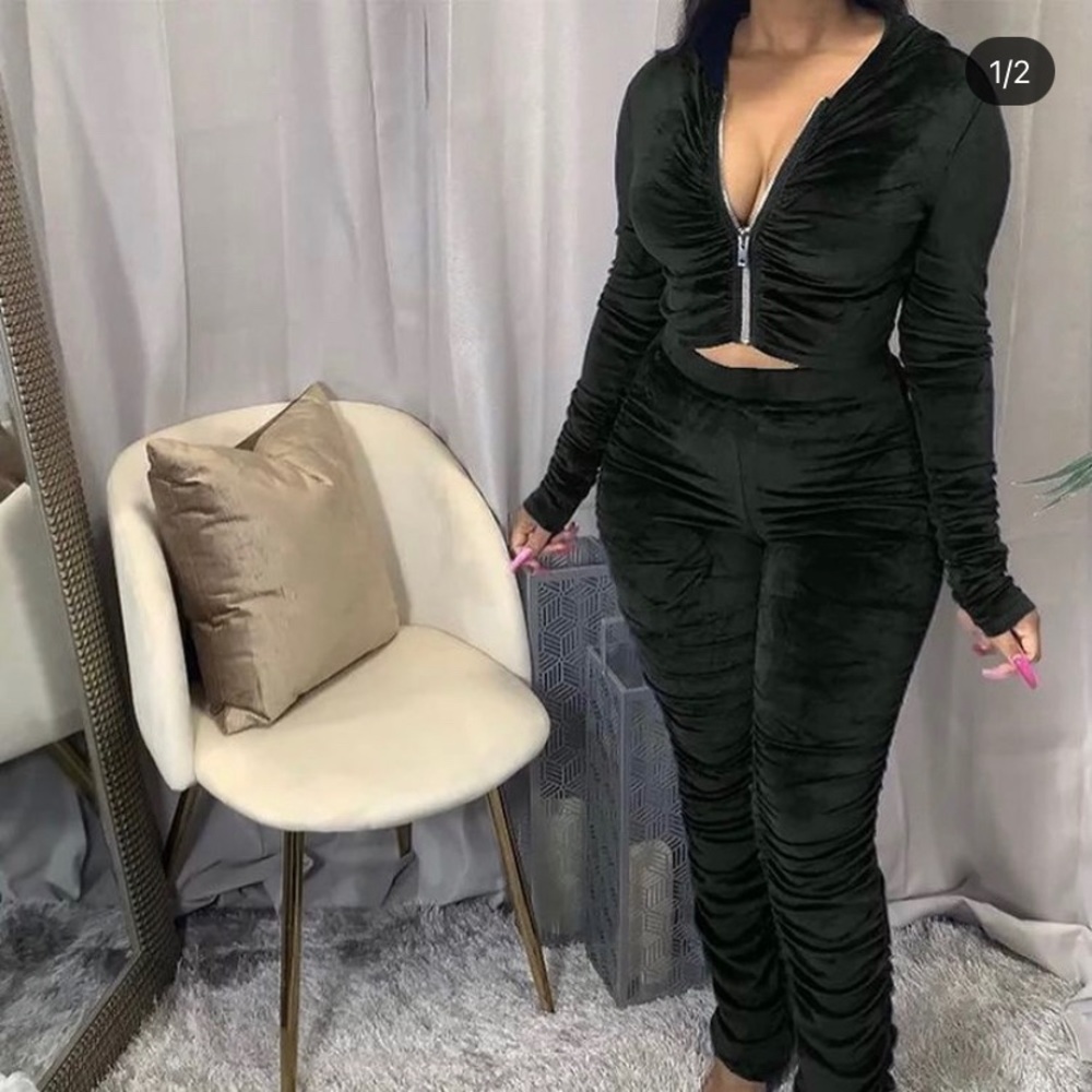 Black Velour Ruched Sweatsuit